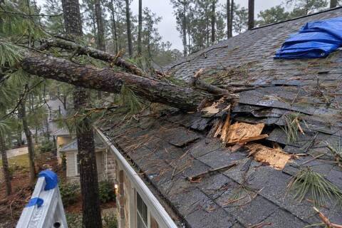 Broken pine limb lying across a shingle roof with a crushed section of decking