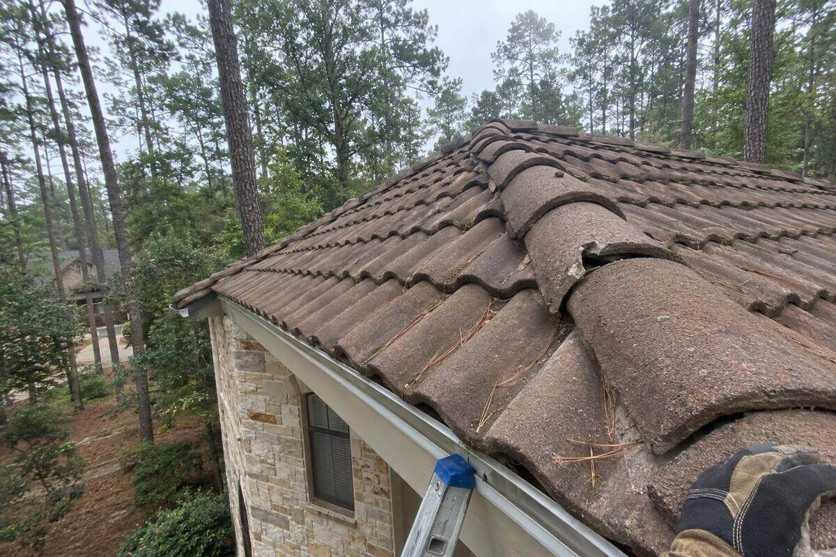 Muted brown concrete tile roof along the ridge of a stone-front house under pines