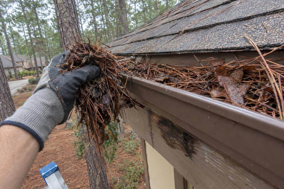 Gutter packed with brown pine needles along a roof edge, with a soft section of fascia below