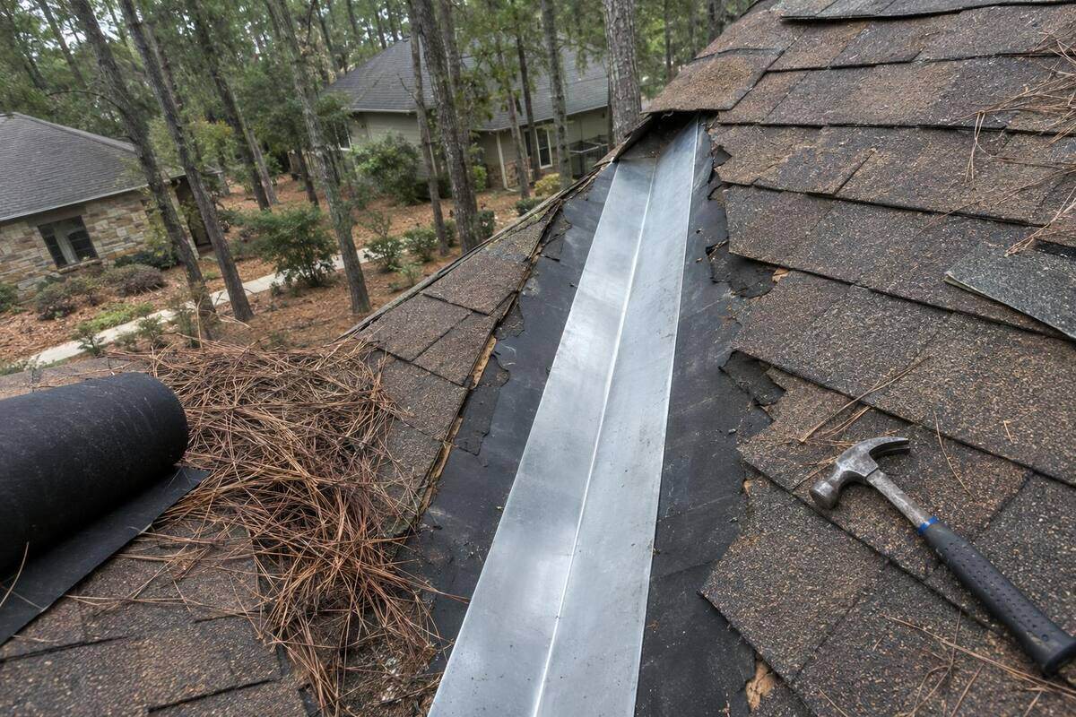 Roof valley opened up for repair with pine needles swept aside and new flashing laid in